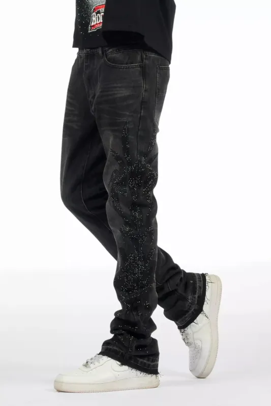 Shamaz Rhinestone Dark Grey Stacked Flare Jean sold by Rockstar Original
