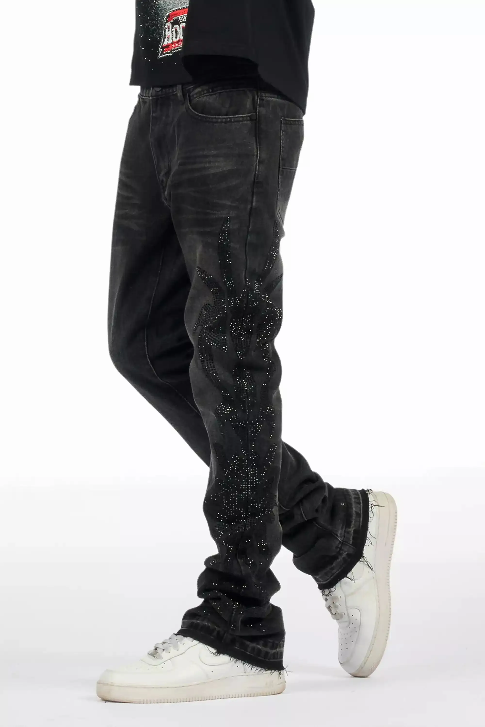 Shamaz Rhinestone Dark Grey Stacked Flare Jean sold by Rockstar Original