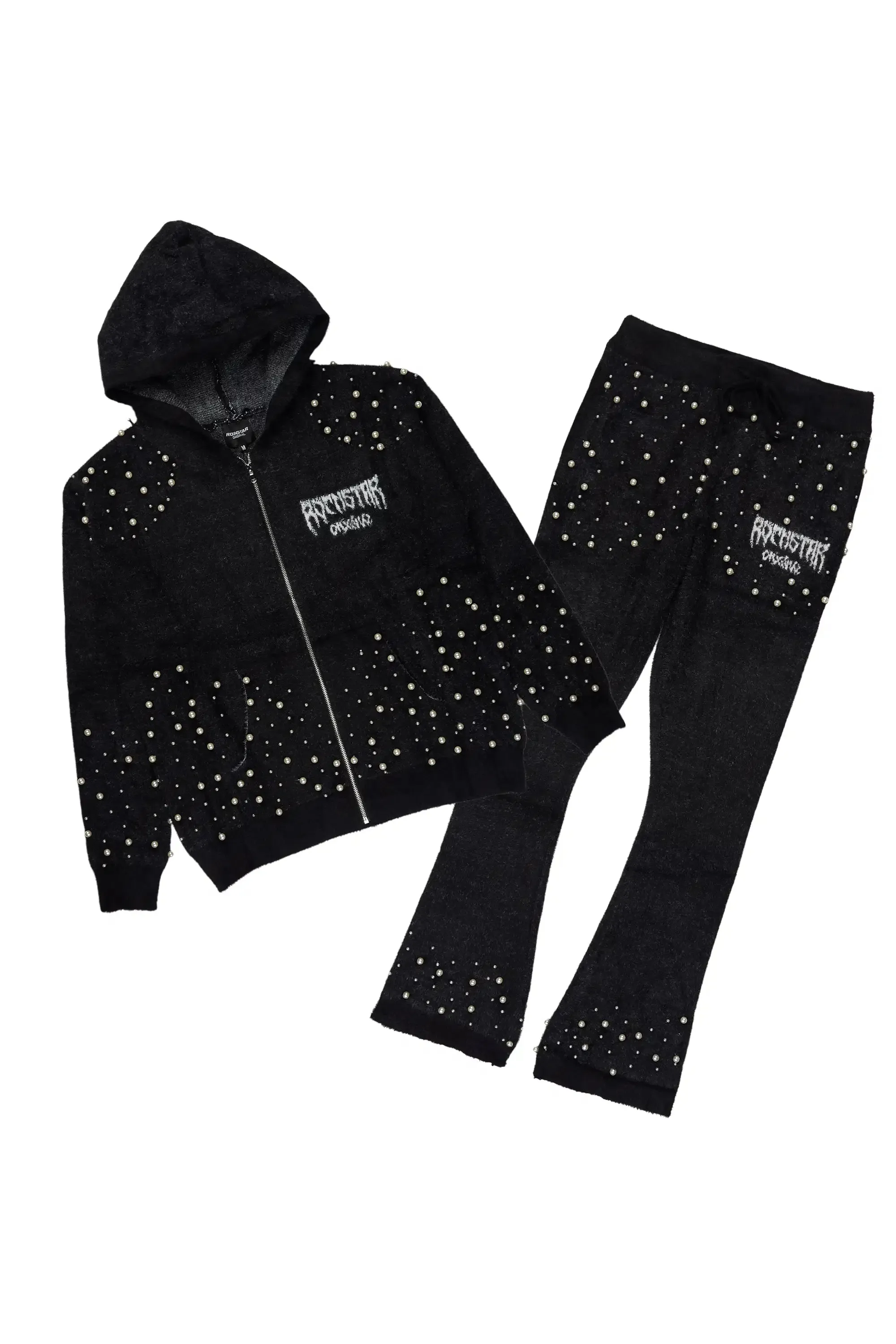 Twinkle Black/Black Rhinestone Hoodie Stacked Flare Track Set sold by Rockstar Original