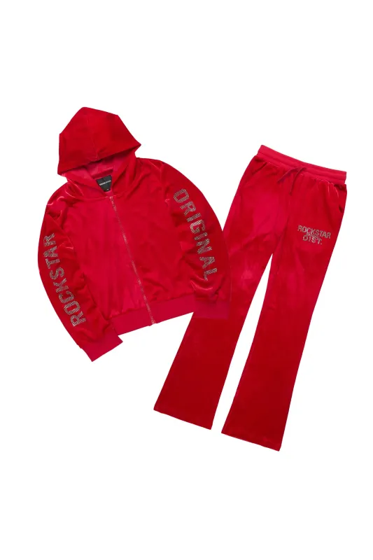 Girls Shakura Red Stacked Velour Track Set sold by Rockstar Original