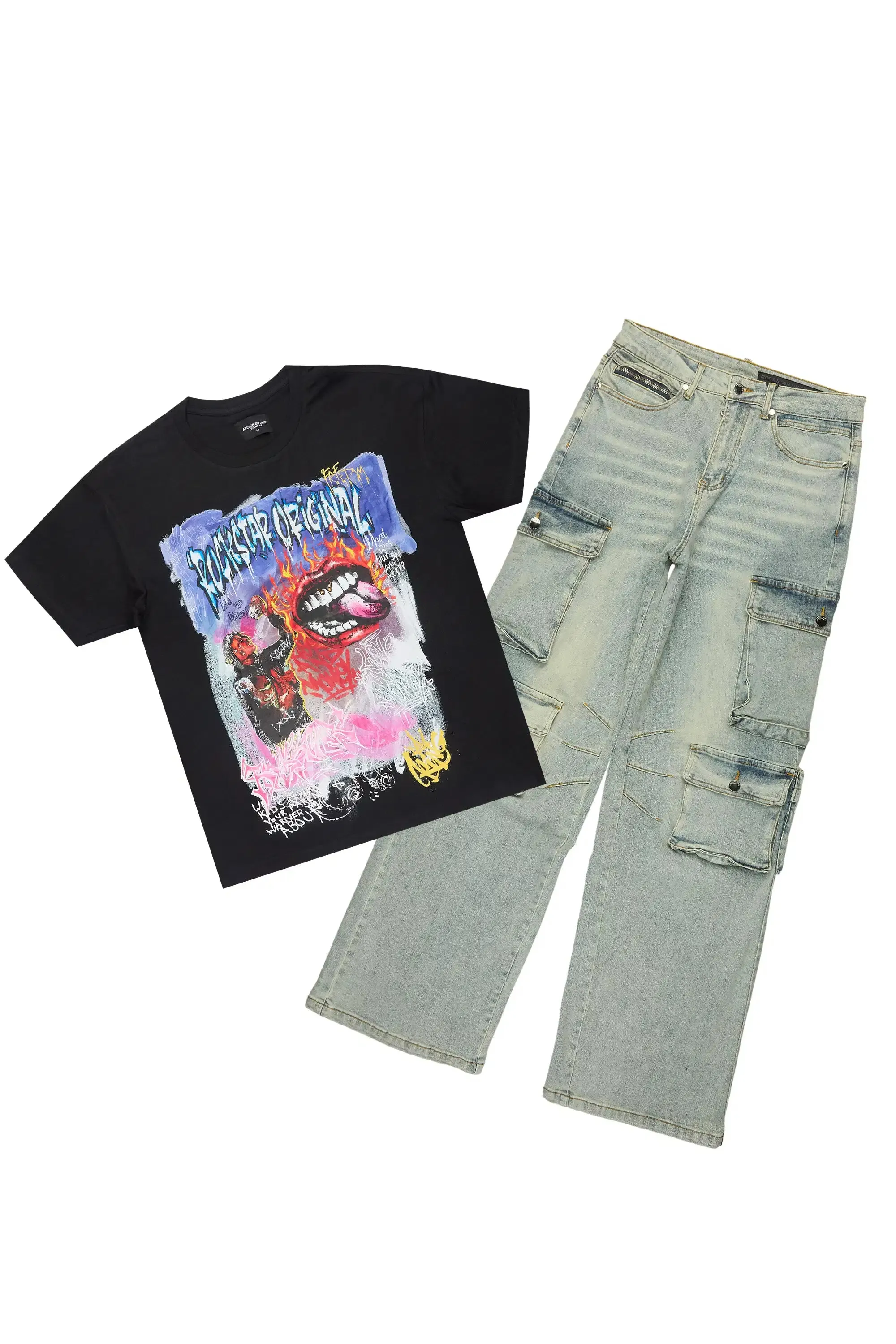 Yooz Black Oversized Graphic T-Shirt/Baggy Jean Bundle sold by Rockstar Original