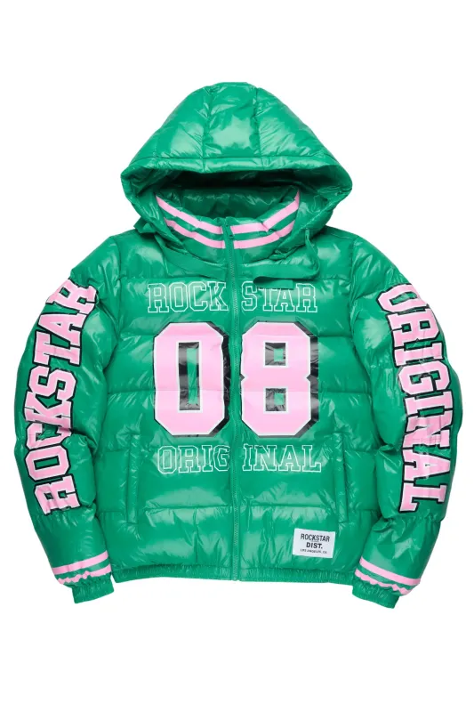 Kymberly Green/Pink Varsity Puffer Jacket sold by Rockstar Original