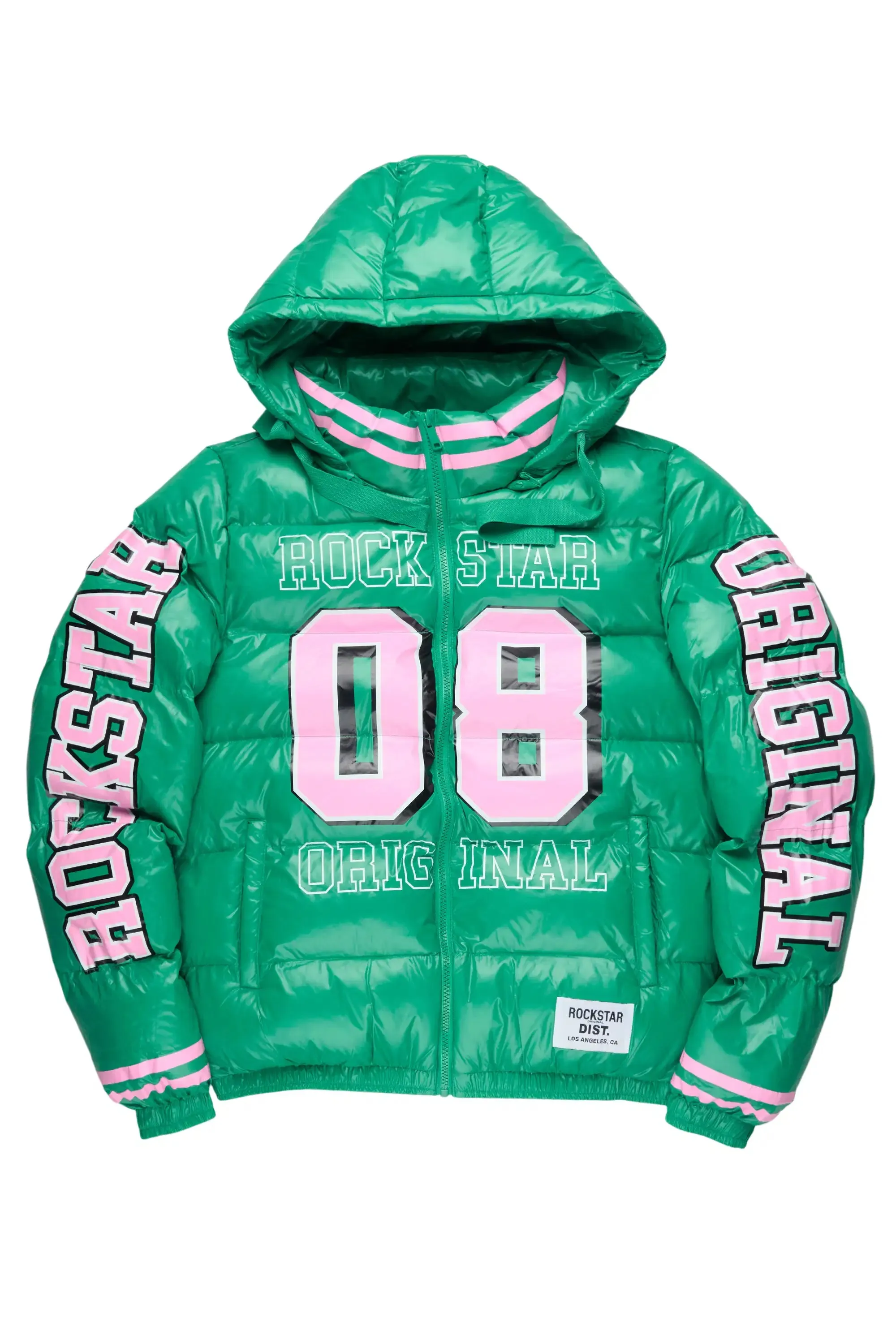 Kymberly Green/Pink Varsity Puffer Jacket sold by Rockstar Original
