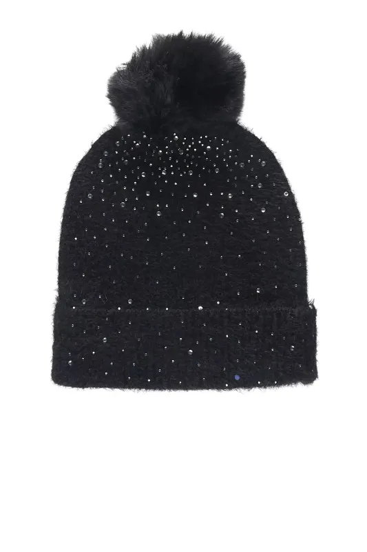 Tajuana Black Rhinestone Beanie With Fur Pom sold by Rockstar Original