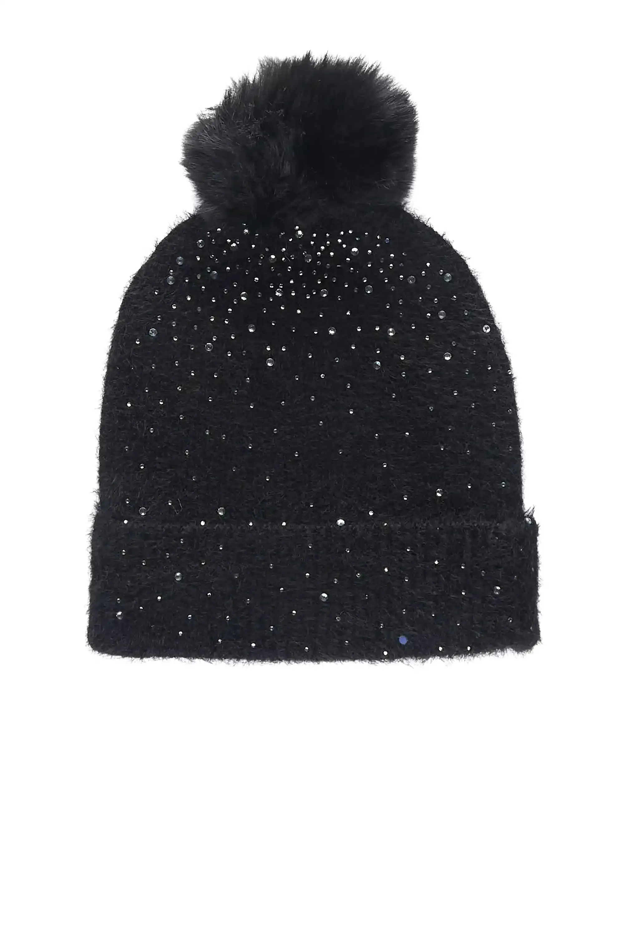 Tajuana Black Rhinestone Beanie With Fur Pom sold by Rockstar Original