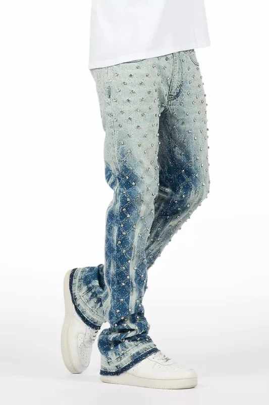 Glit Blue Rhinestone Stacked Flare Jean sold by Rockstar Original