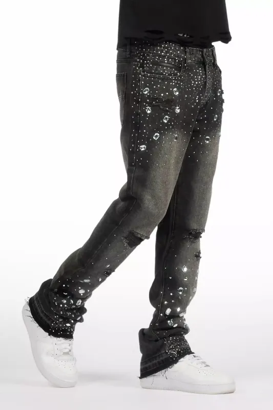 Glanz Dark Grey Rhinestone Stacked Flare Jean sold by Rockstar Original