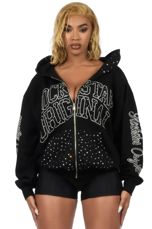 Alvina Black Rhinestone Zip Up Hoodie sold by Rockstar Original
