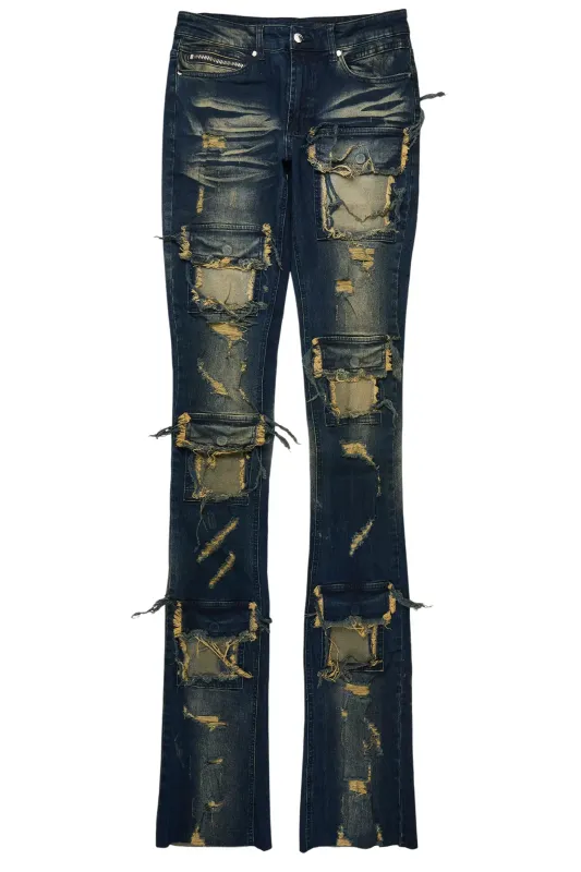 Pooja Dark Blue Super Stacked Flare Jean sold by Rockstar Original