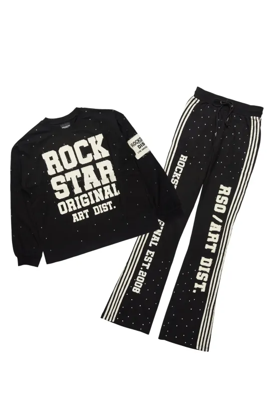 Yulian Black Rhinestone Long Sleeve T-Shirt/Baggy Stacked Track Set made by Rockstar Original