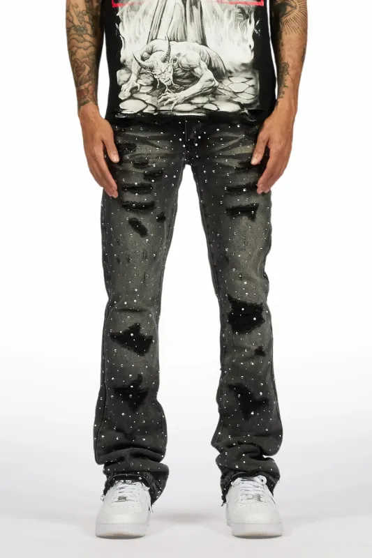 Stunt Dark Grey Rhinestone Stacked Flare Jean sold by Rockstar Original