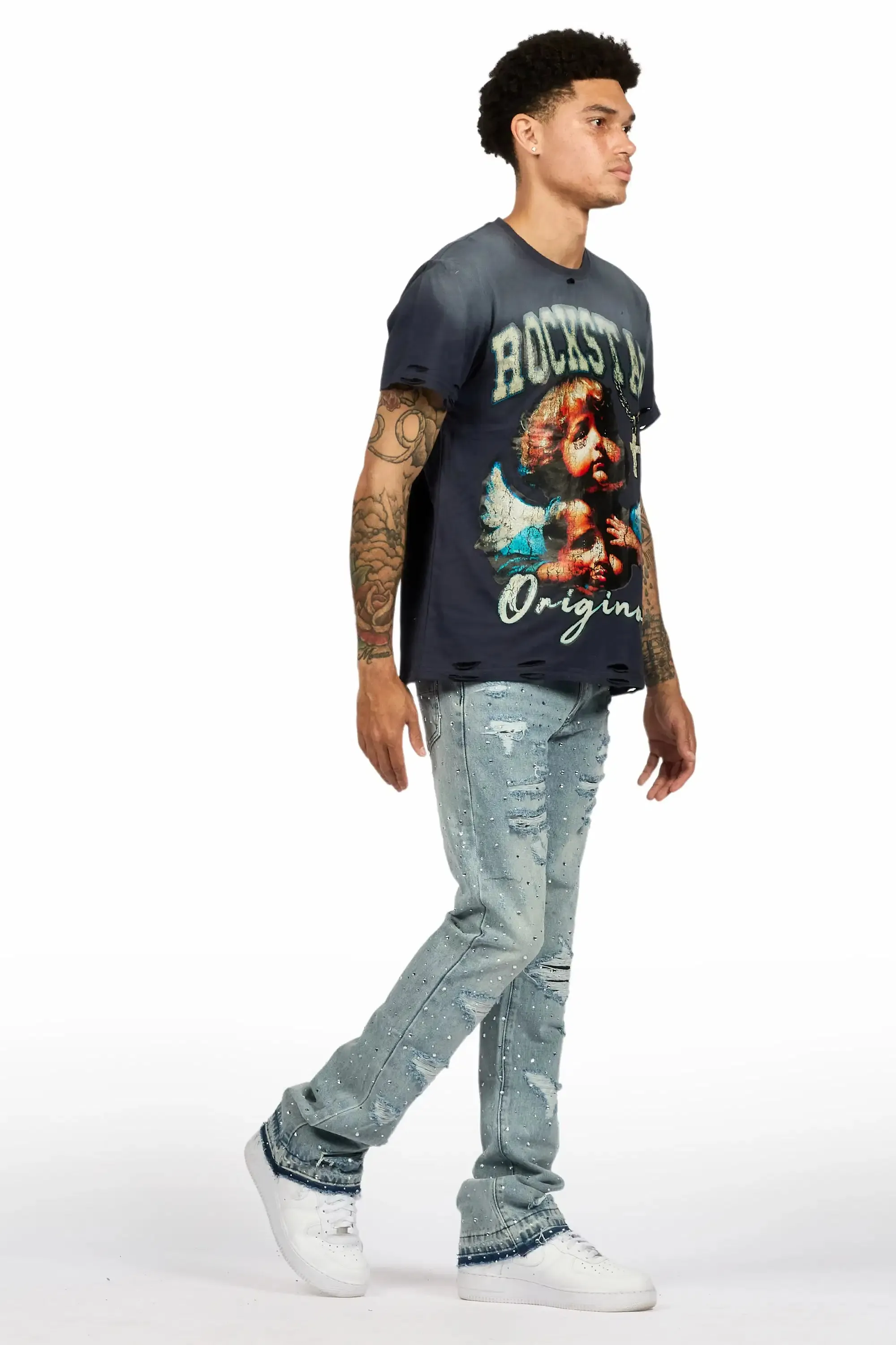 Stunt Blue Rhinestone Stacked Flare Jean sold by Rockstar Original product image thumbnail 4