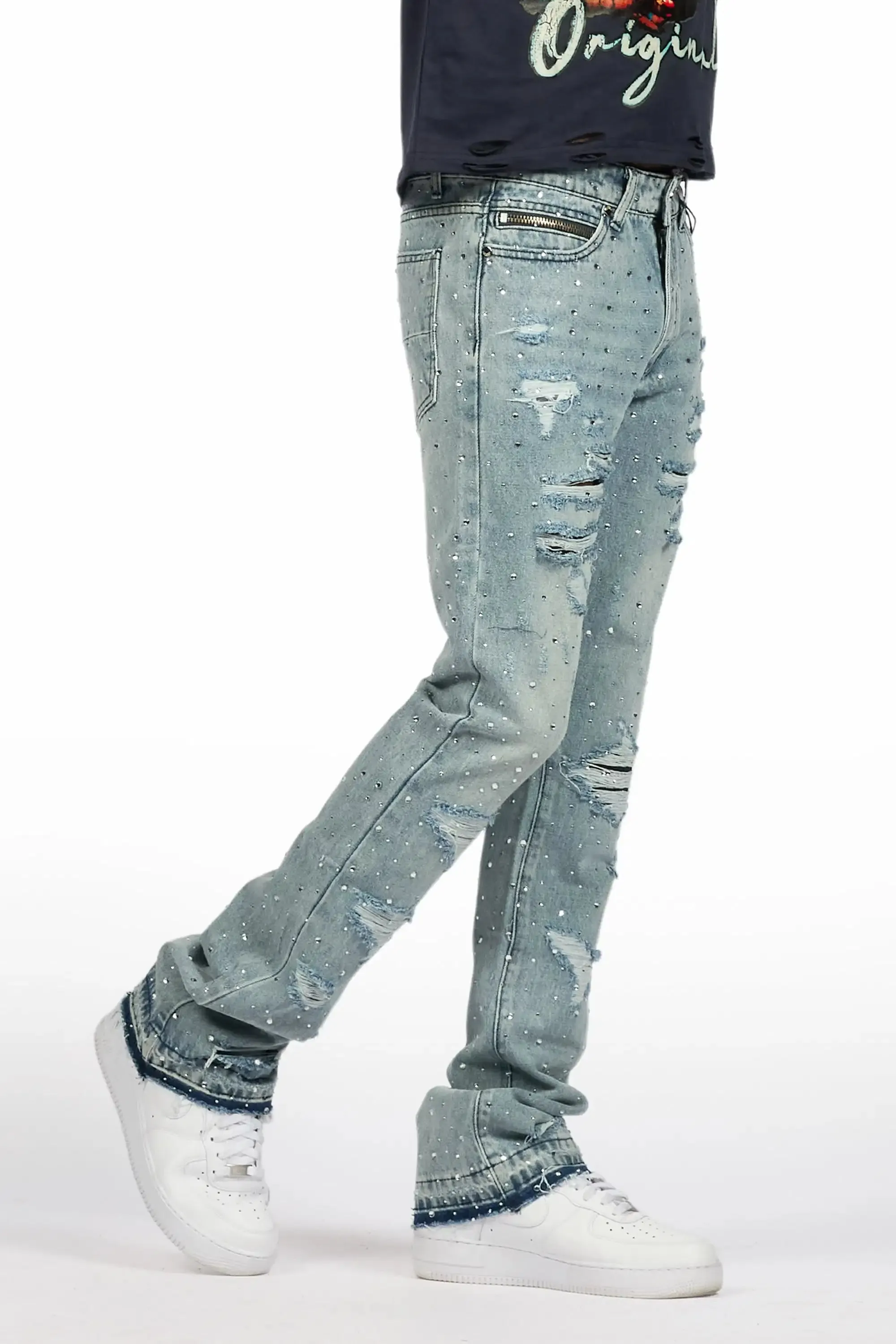 Stunt Blue Rhinestone Stacked Flare Jean sold by Rockstar Original