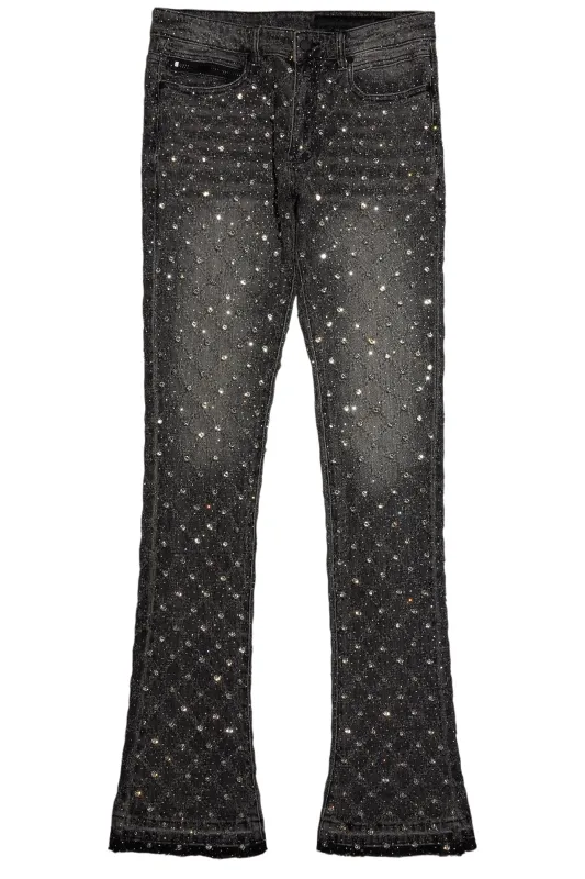 Glit Dark Grey Rhinestone Stacked Flare Jean sold by Rockstar Original