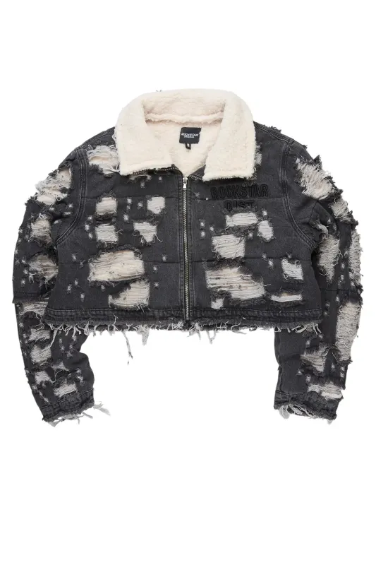 Fara Black Denim Sherpa Puffer Jacket made by Rockstar Original