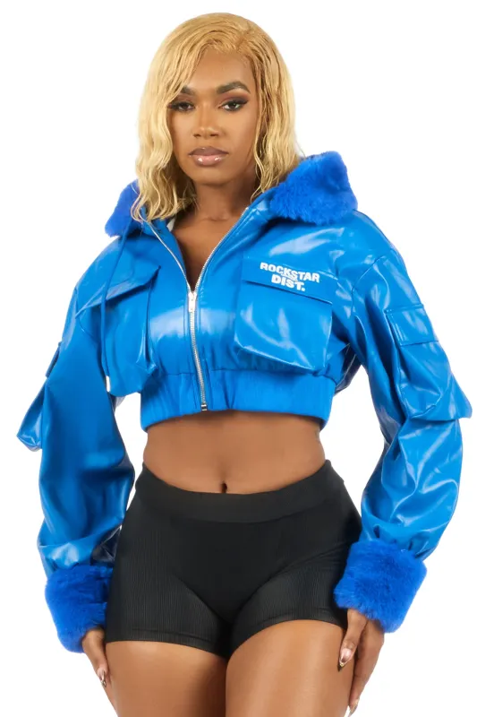 Amyia Royal Blue PU Jacket With Fur Hood sold by Rockstar Original