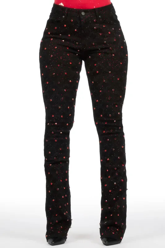 Sareka Black/Red Rhinestone Stacked Flare Jean sold by Rockstar Original