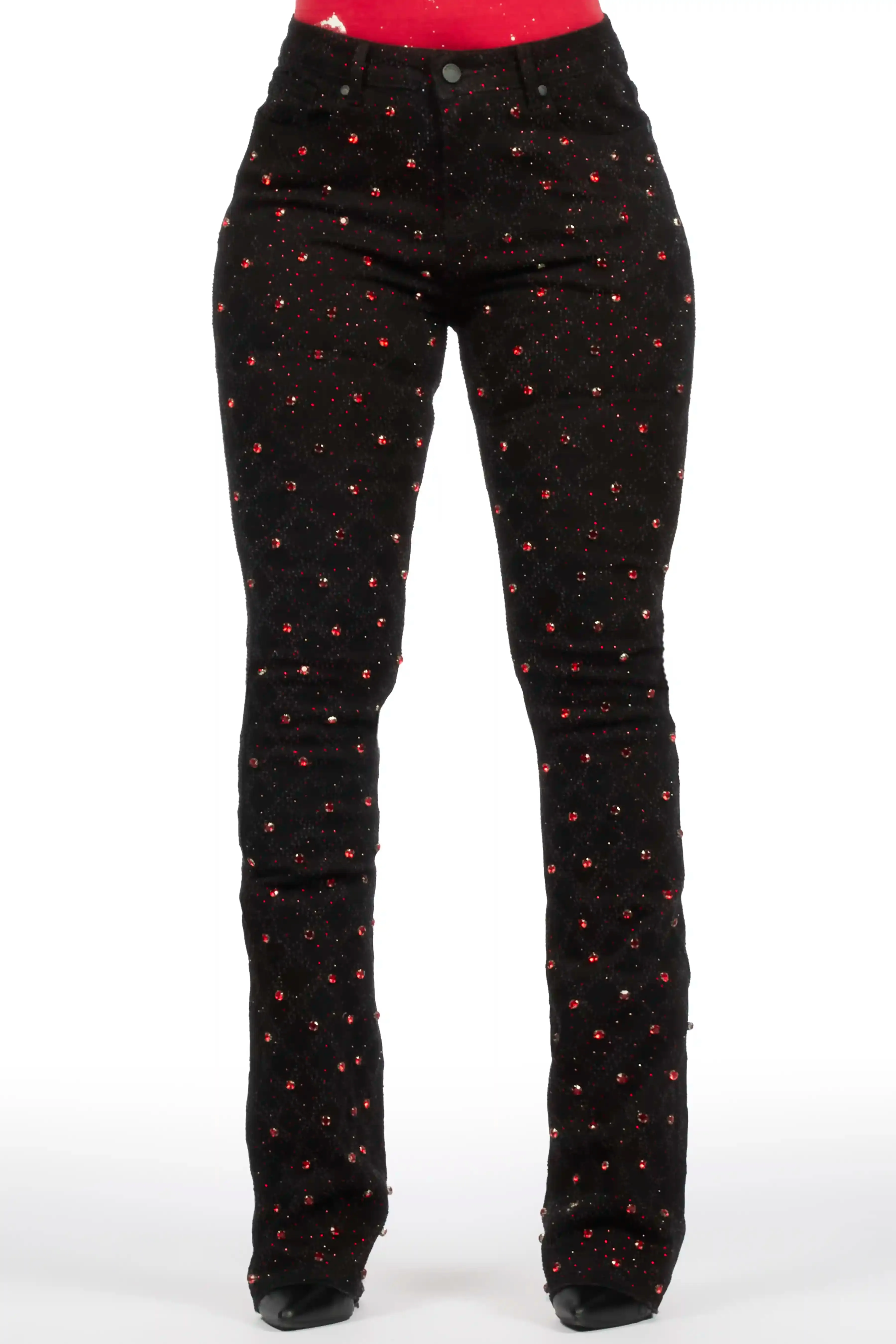 Sareka Black/Red Rhinestone Stacked Flare Jean sold by Rockstar Original