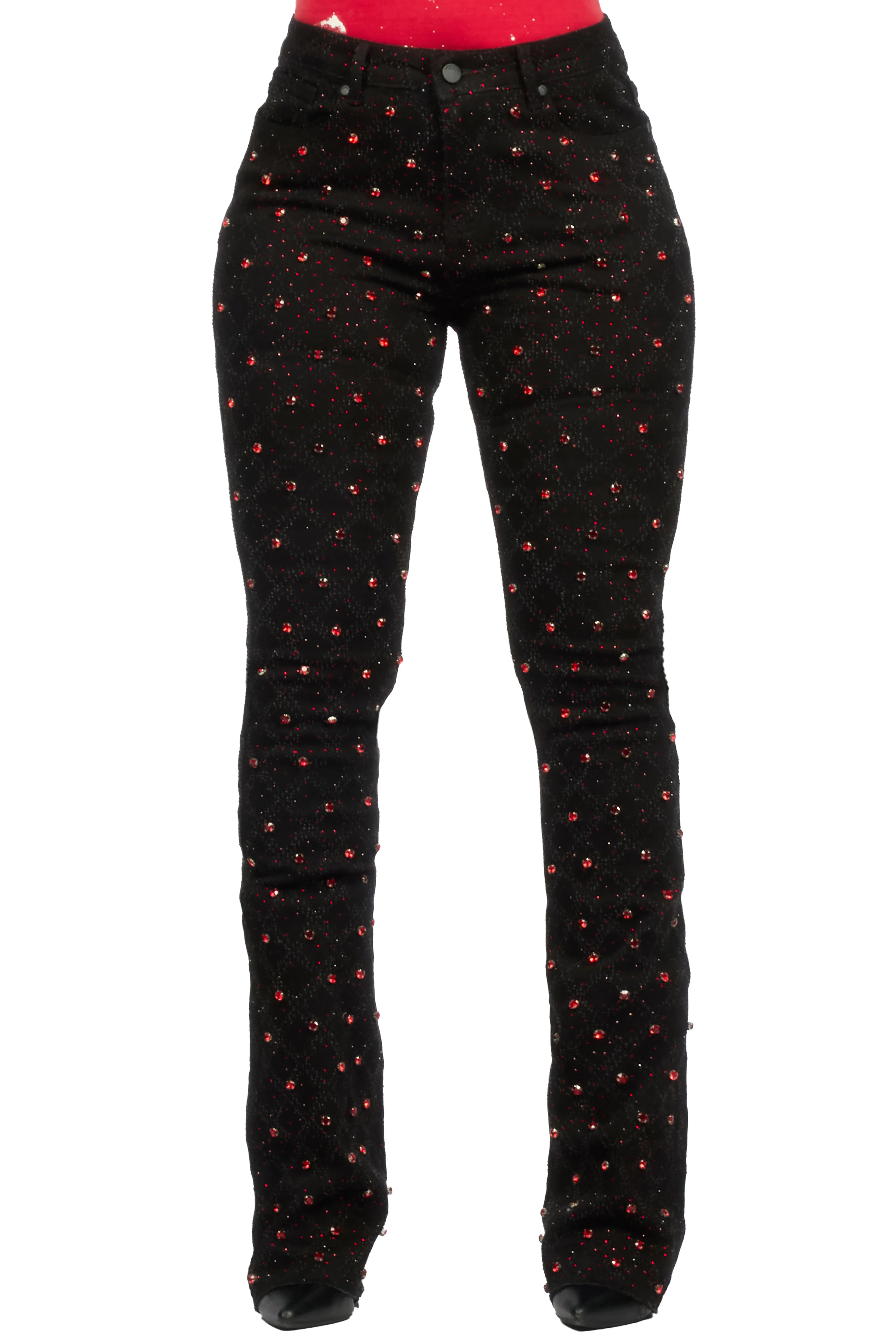 Sareka Black/Red Rhinestone Stacked Flare Jean sold by Rockstar Original product image thumbnail 5