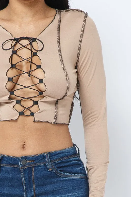 Charlease Mocha Lace Up Long Sleeve Top sold by Rockstar Original product image thumbnail 4