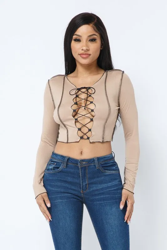 Charlease Mocha Lace Up Long Sleeve Top sold by Rockstar Original
