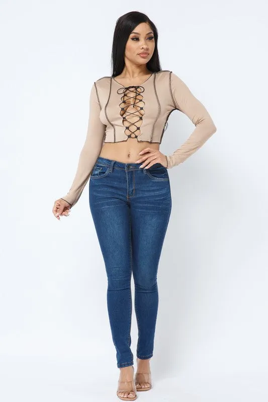 Charlease Mocha Lace Up Long Sleeve Top sold by Rockstar Original product image thumbnail 5