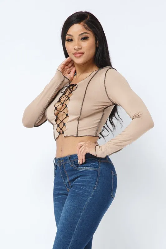 Charlease Mocha Lace Up Long Sleeve Top sold by Rockstar Original product image thumbnail 2