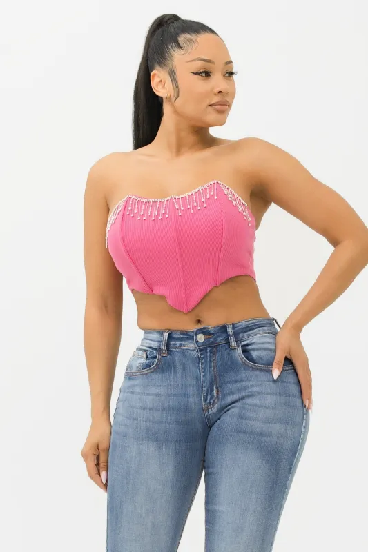 Skyy Pink Rhinestone Fringe Corset Top sold by Rockstar Original