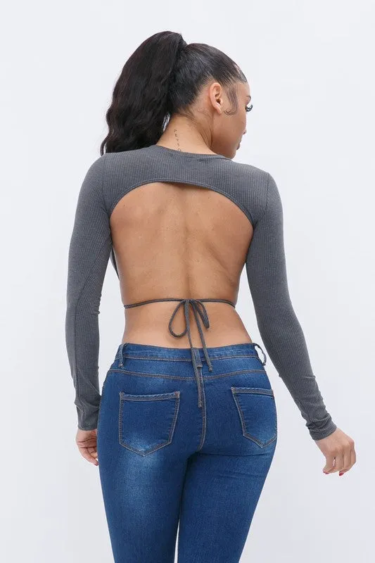 Vernisha Charcoal Open Back Long Sleeve Top sold by Rockstar Original
