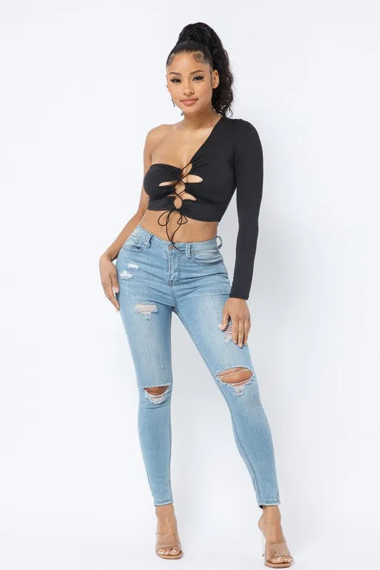 Terrica Black One Shoulder Long Sleeve Top sold by Rockstar Original product image thumbnail 3