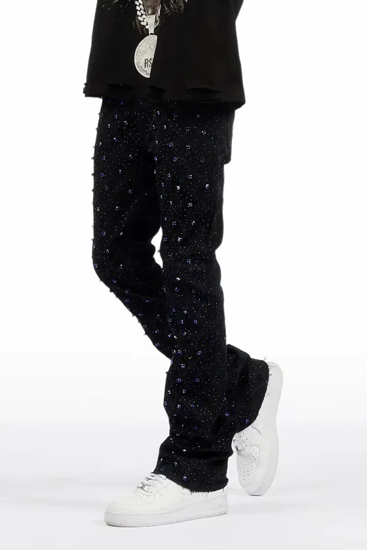 Glit Black/Royal Rhinestone Stacked Flare Jean sold by Rockstar Original