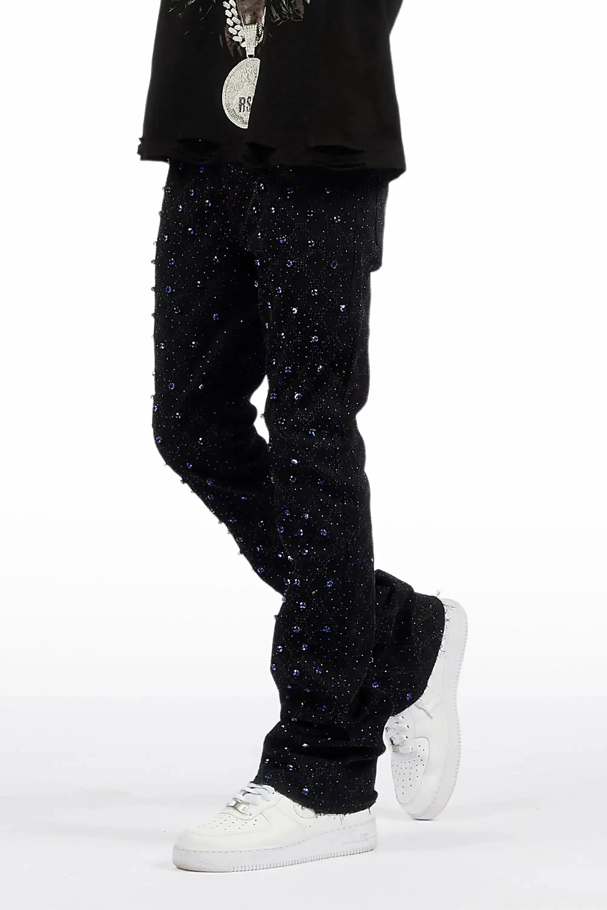 Glit Black/Royal Rhinestone Stacked Flare Jean sold by Rockstar Original