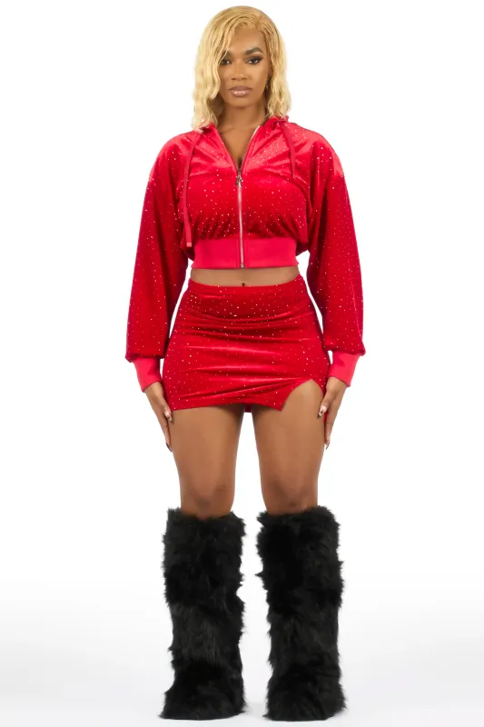 Naimah Red Rhinestone Velour Skirt Set sold by Rockstar Original
