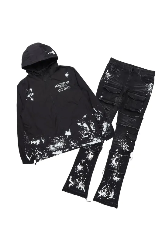 Raffer Black/Black Windbreaker/Stacked Cargo Flare Jean sold by Rockstar Original