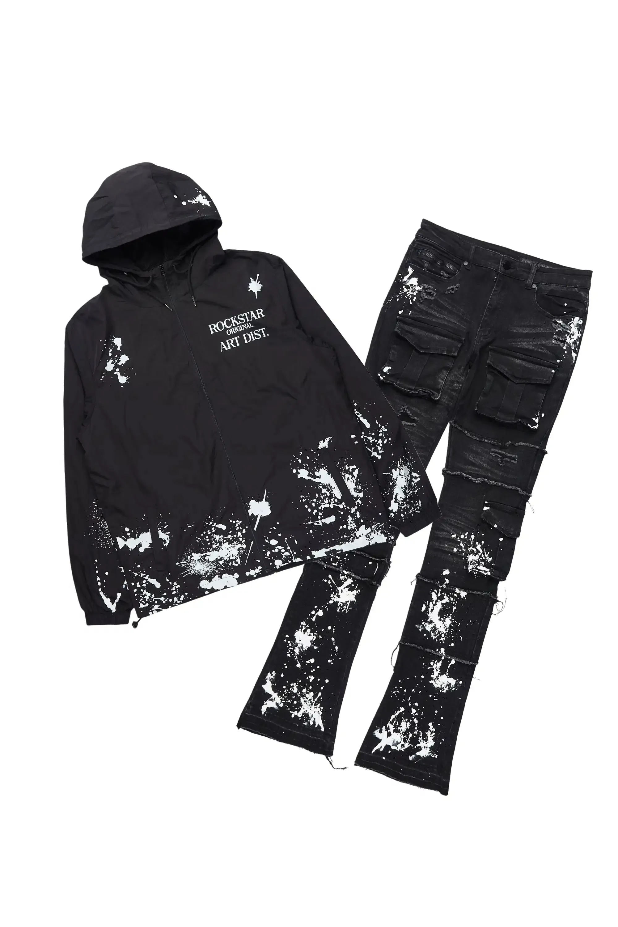 Raffer Black/Black Windbreaker/Stacked Cargo Flare Jean sold by Rockstar Original