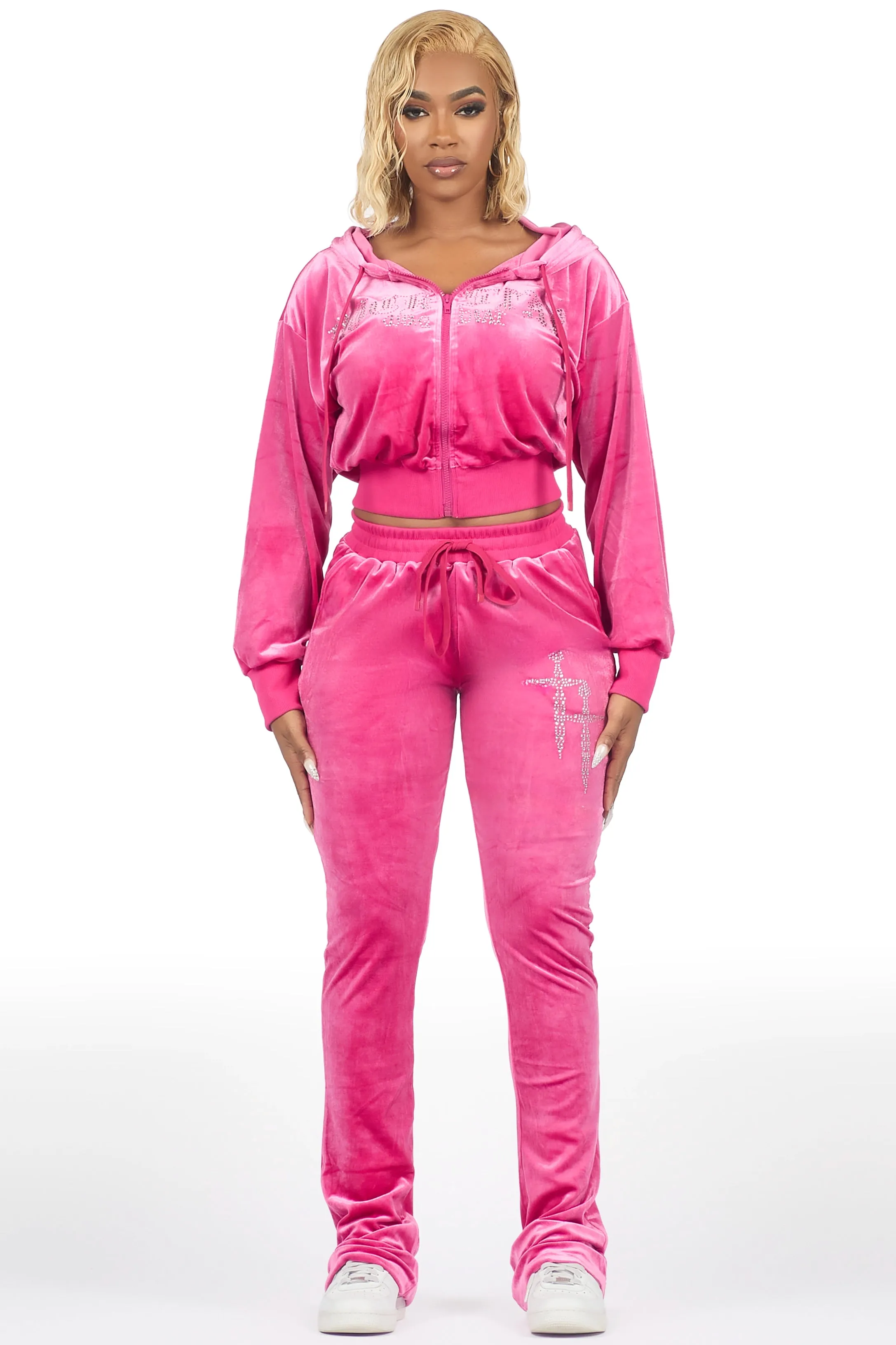 Atalaya Pink Stacked Rhinestone Velour Trackset sold by Rockstar Original product image thumbnail 3