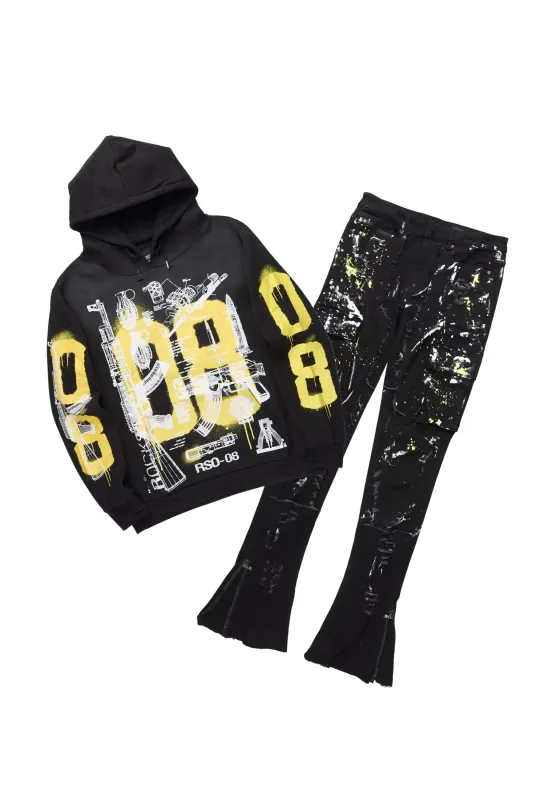 Nesta Black/Black Hoodie/Stacked Flare Jean Set sold by Rockstar Original