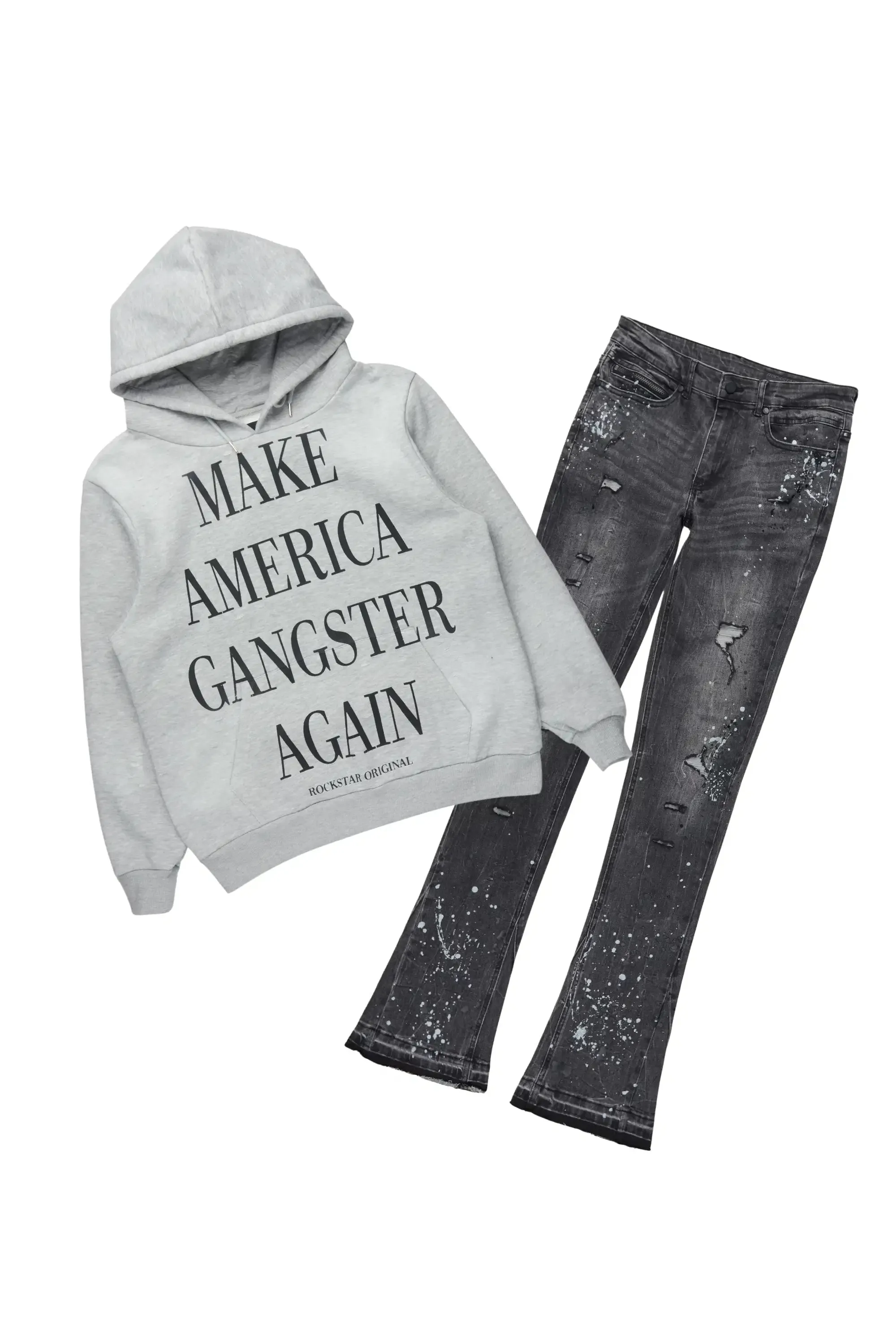Drako Grey/Dark Grey Hoodie/Stacked Flare Jean Set sold by Rockstar Original