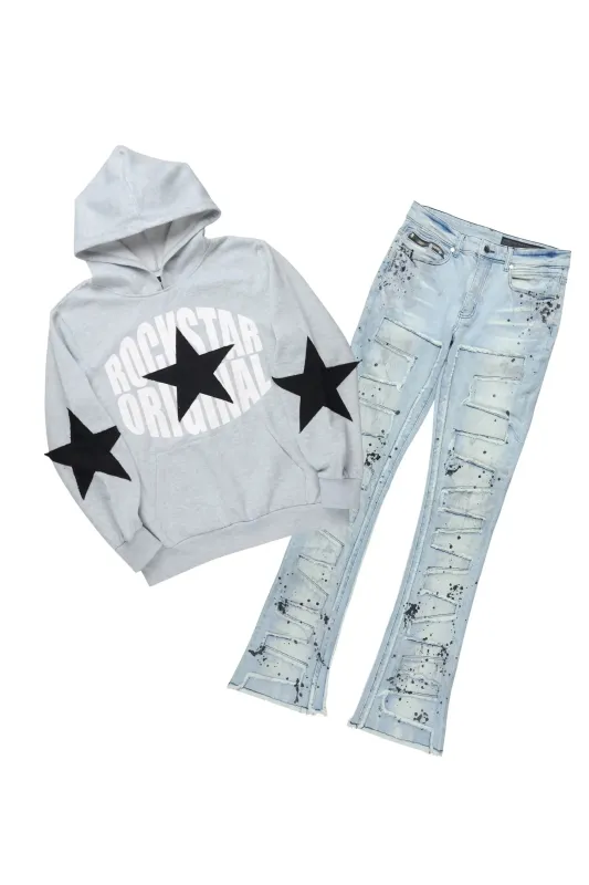 States 2.0 Heather Grey/Light Blue Hoodie/Stacked Flare Jean Set sold by Rockstar Original