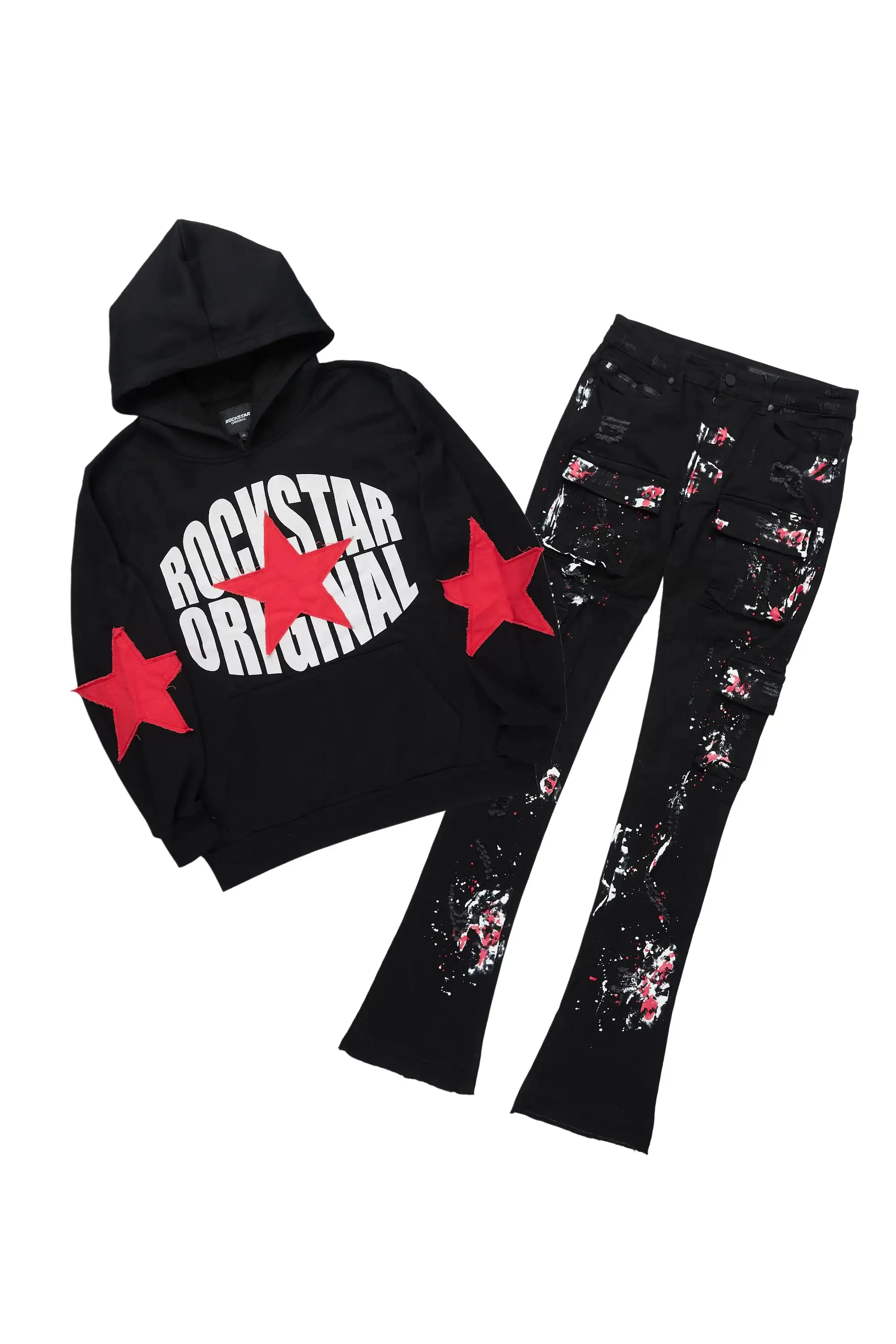 States 2.0 Black/Black Hoodie/Stacked Flare Jean Set sold by Rockstar Original