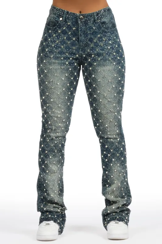 Sareka Dark Wash Rhinestone Stacked Flare Jean sold by Rockstar Original