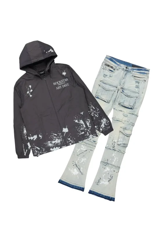 Raffer Grey/Blue Windbreaker/Stacked Cargo Flare Jean sold by Rockstar Original