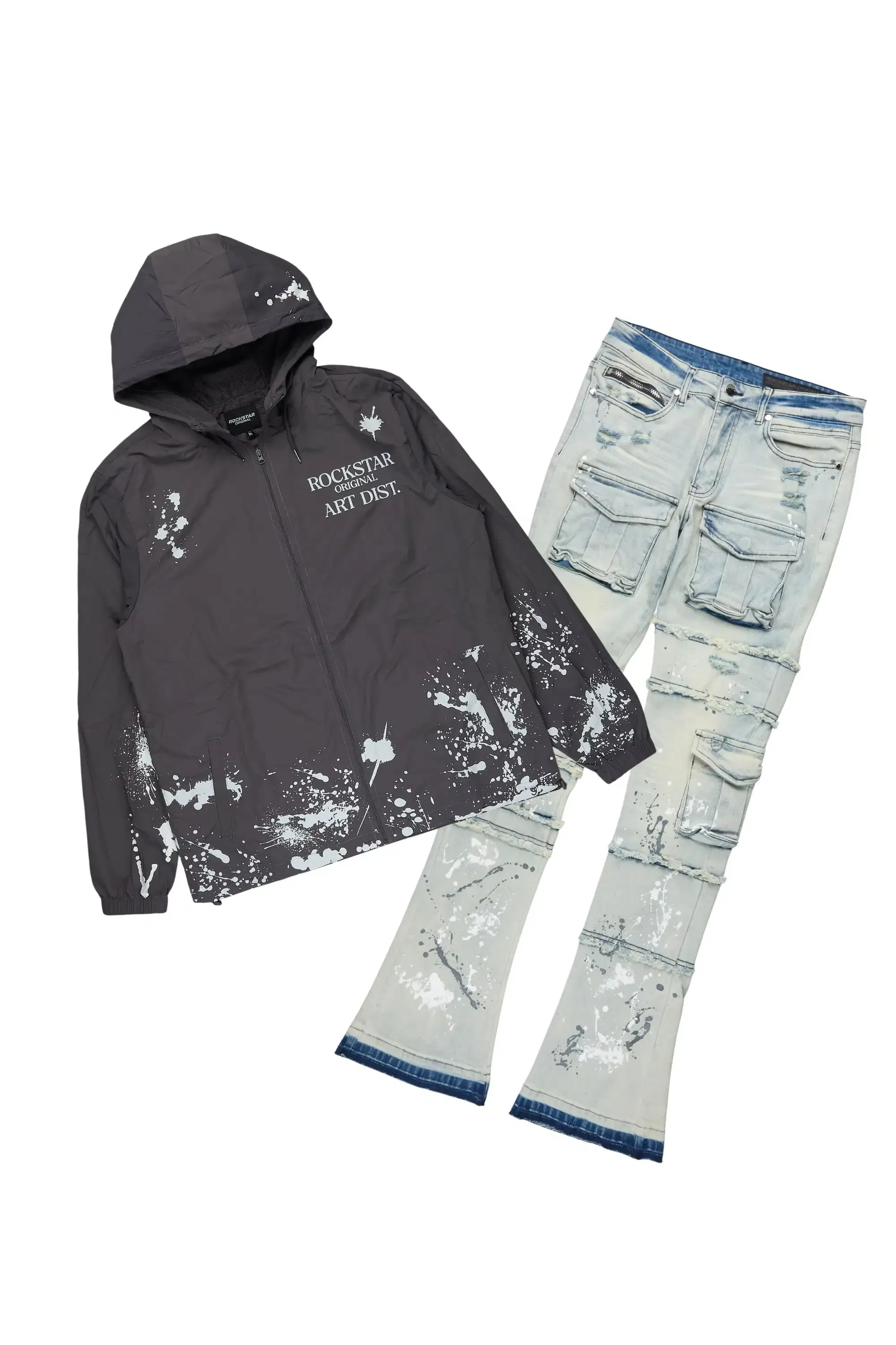 Raffer Grey/Blue Windbreaker/Stacked Cargo Flare Jean sold by Rockstar Original