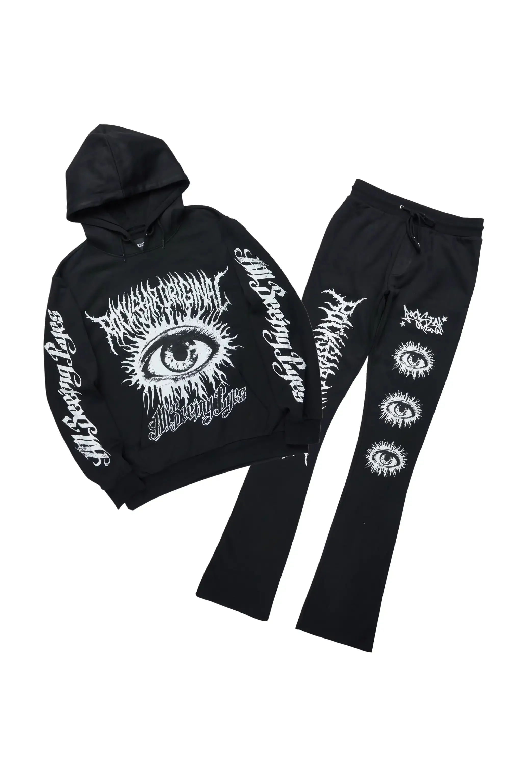 All Seeing Eyes Black Stacked Flare Track Pant Set sold by Rockstar Original