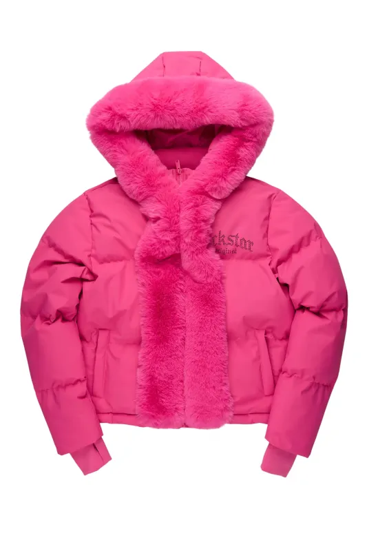 Dontaisha Hot Pink Puffer Jacket With Fur Trim sold by Rockstar Original
