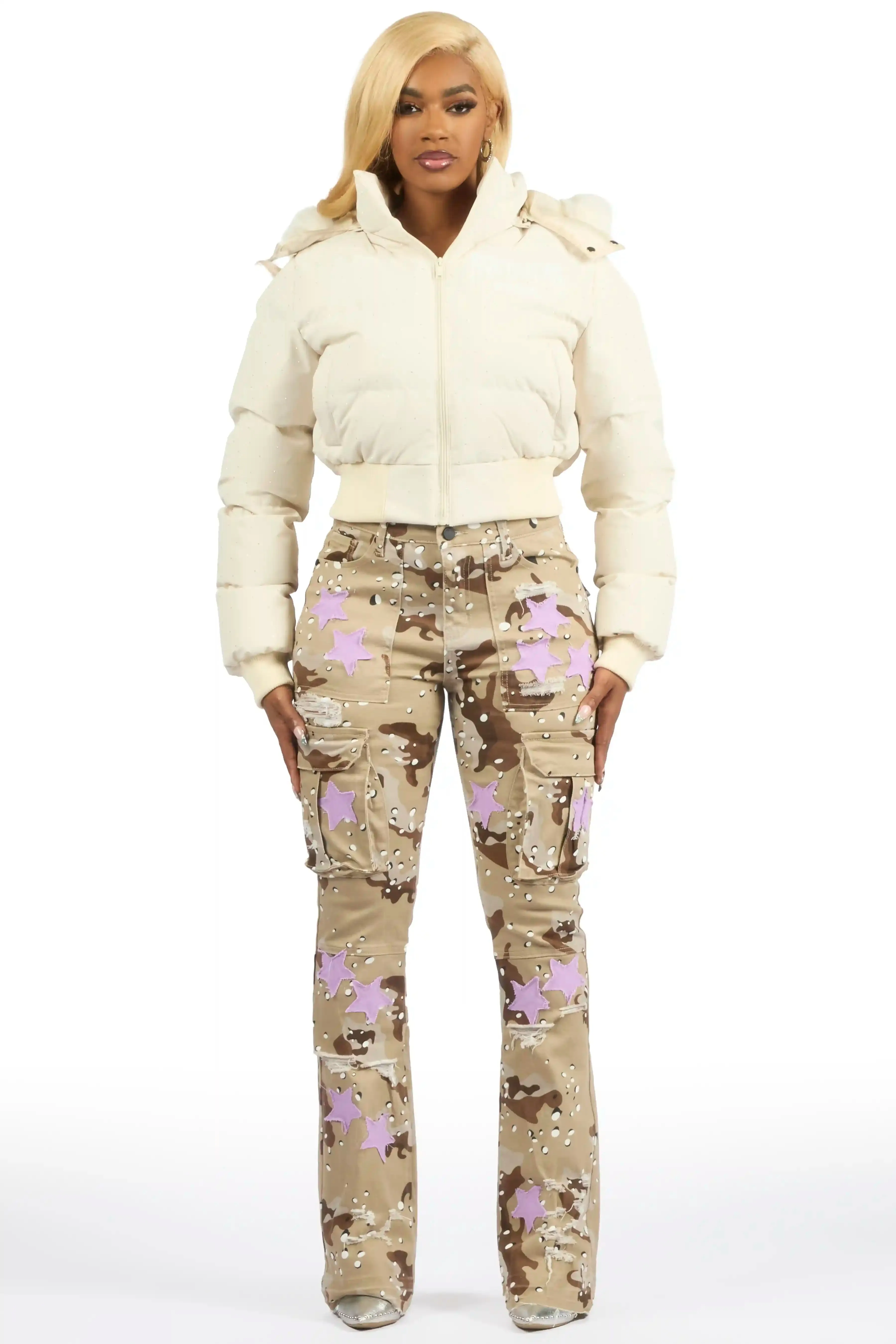 Gabrielle Beige Rhinestone Puffer Jacket With Fur Hood sold by Rockstar Original product image thumbnail 3