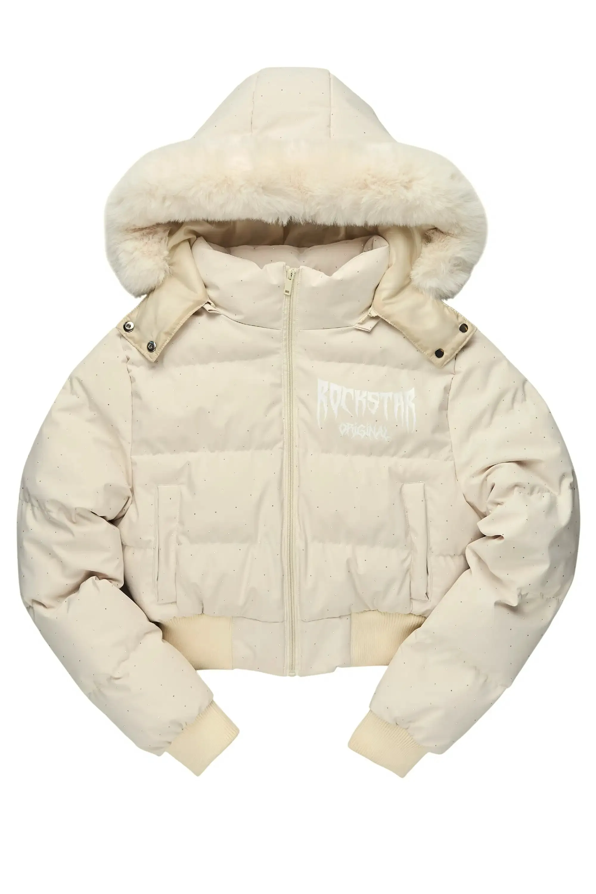 Gabrielle Beige Rhinestone Puffer Jacket With Fur Hood sold by Rockstar Original