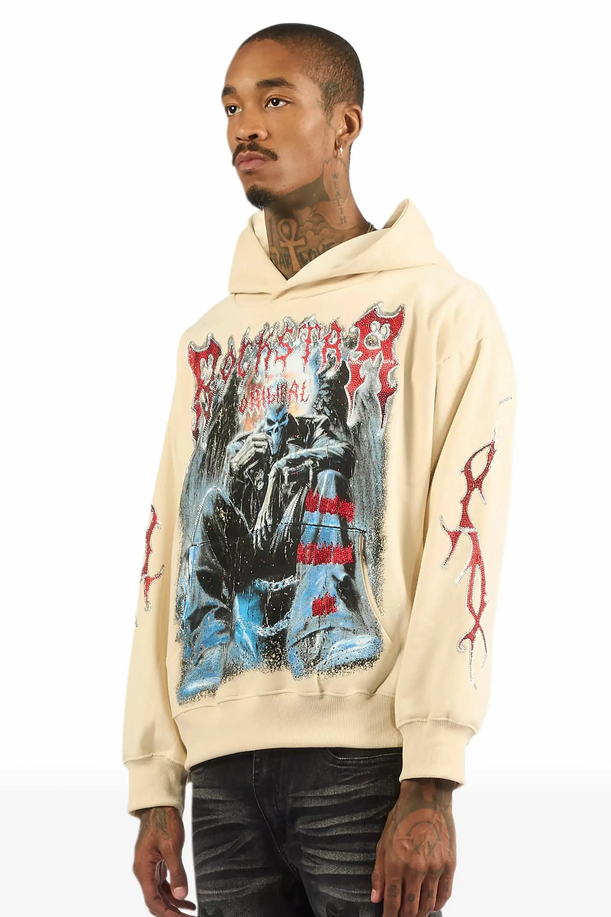 Krowne Beige Rhinestone Oversized Hoodie sold by Rockstar Original product image thumbnail 5