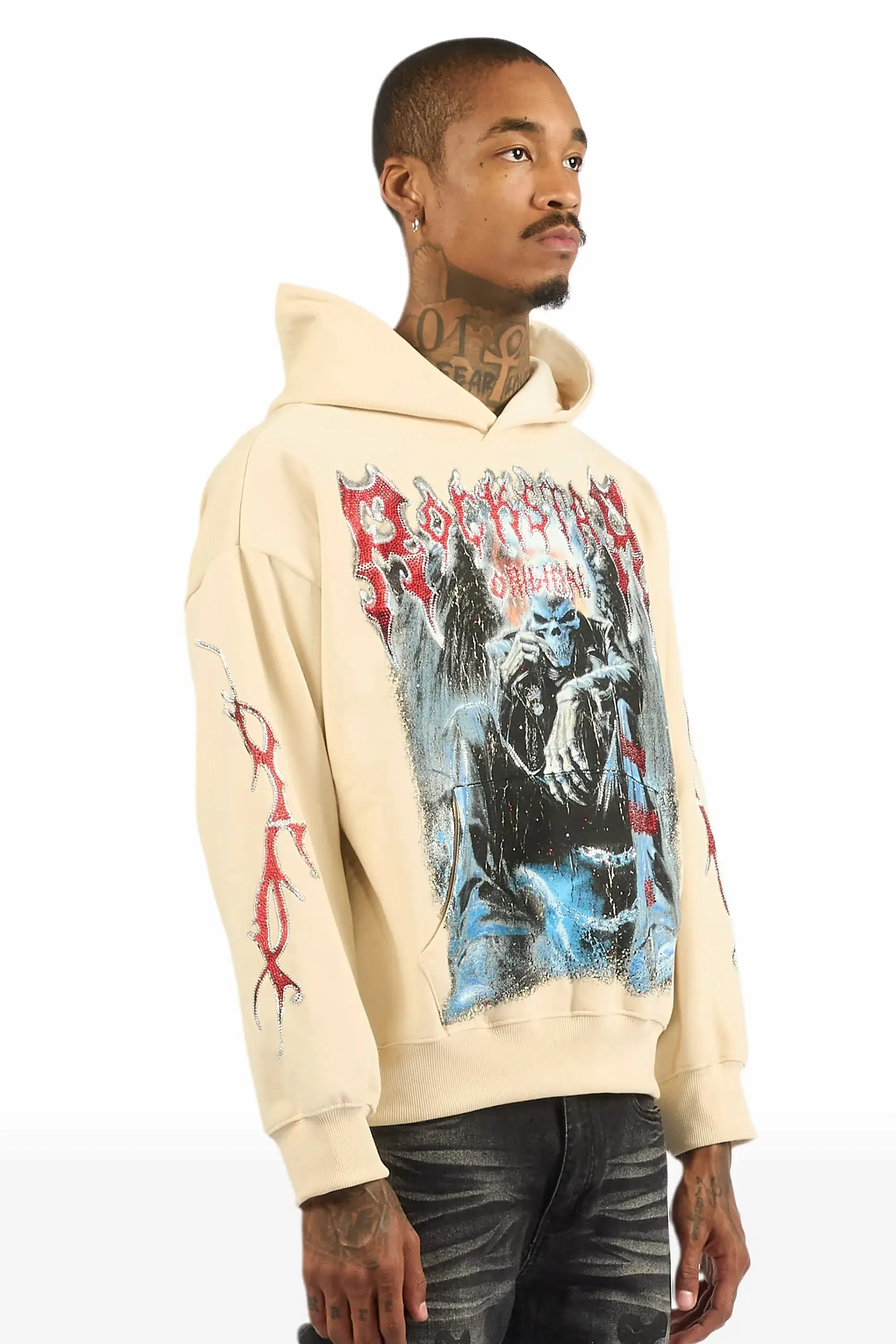 Krowne Beige Rhinestone Oversized Hoodie sold by Rockstar Original product image thumbnail 3