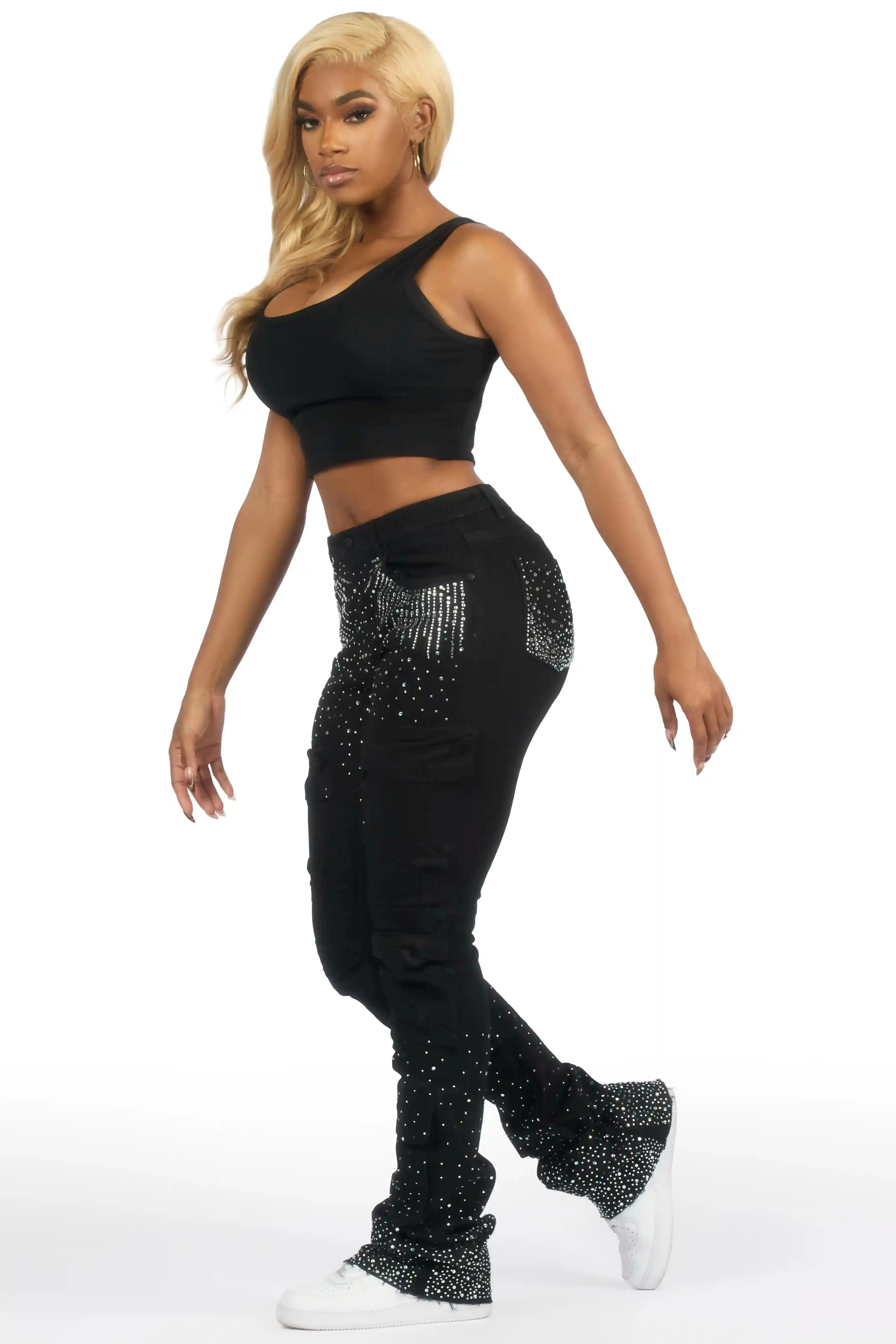Ashela Black Rhinestone Stacked Jean sold by Rockstar Original product image thumbnail 4